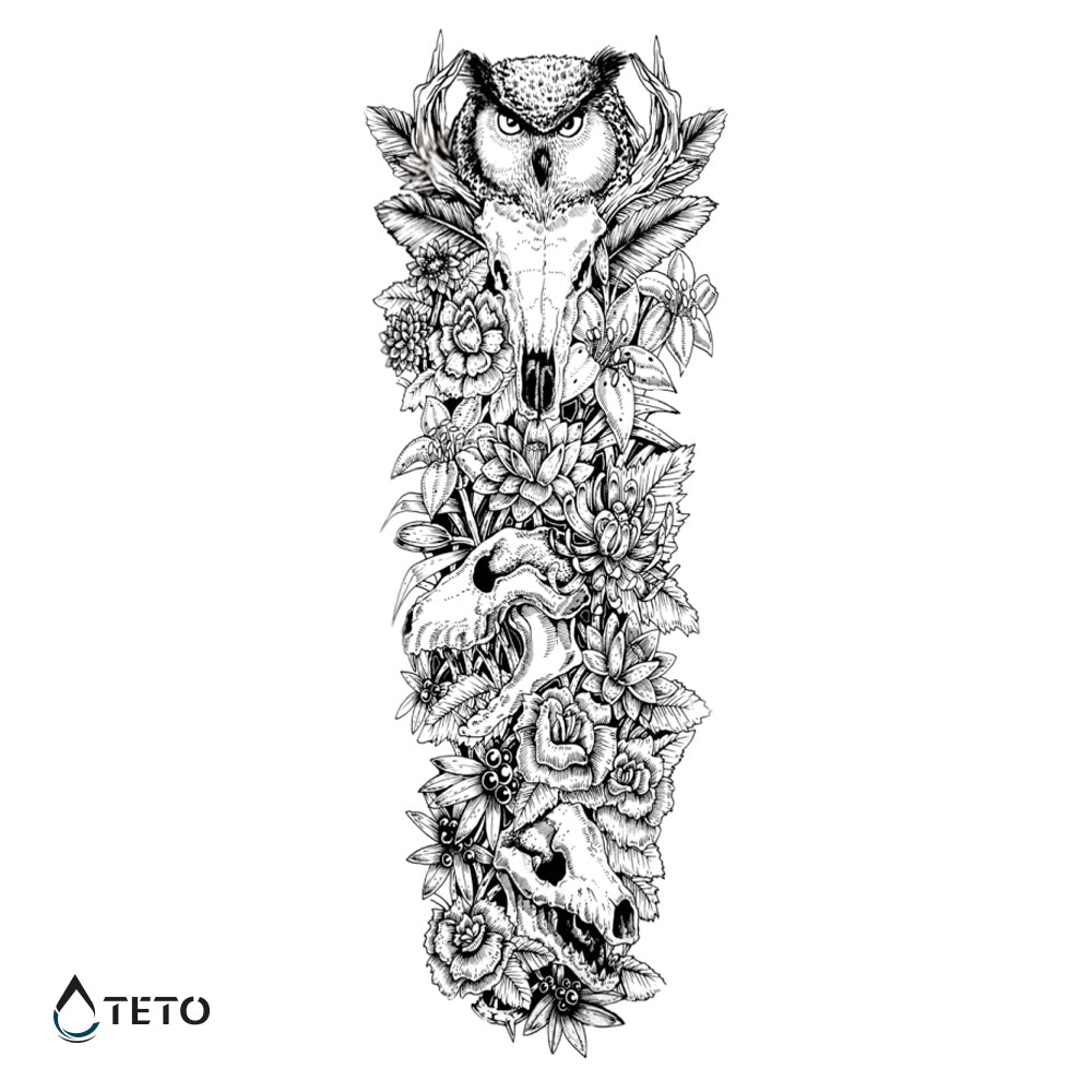 Sova z lobanjami in rožami - TETO Začasne Tetovaže