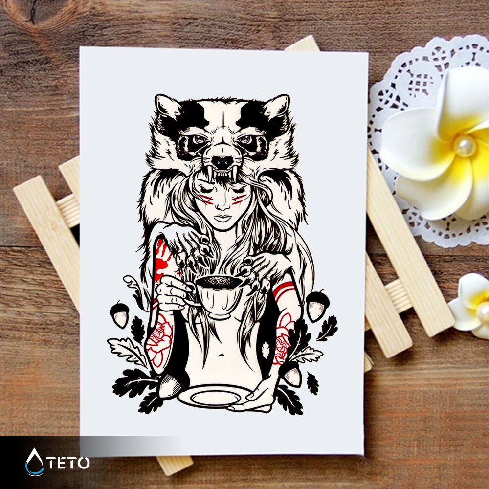 Portret ženske z volkom - TETO Začasne Tetovaže