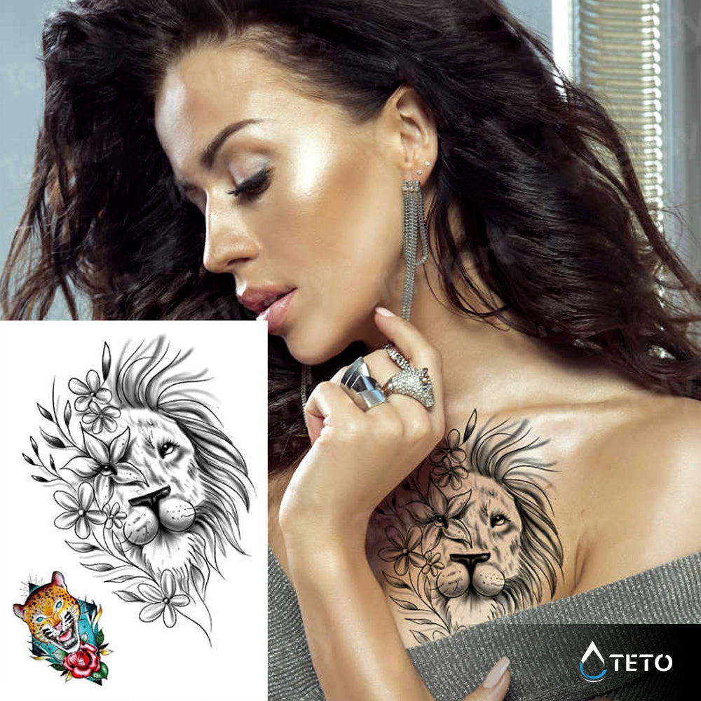 Lev in tiger z rožo - Set - TETO Začasne Tetovaže
