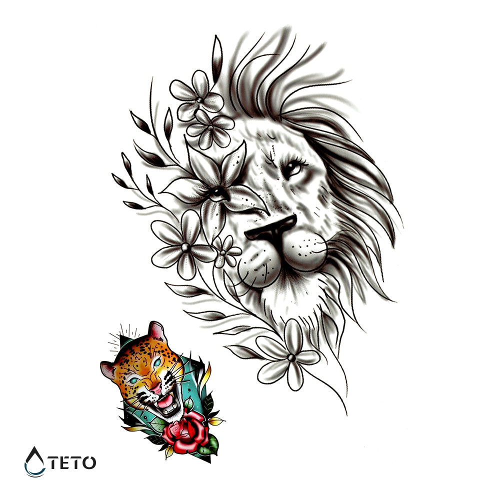 Lev in tiger z rožo - Set - TETO Začasne Tetovaže