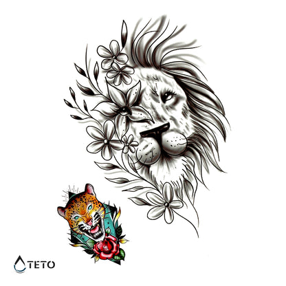 Lev in tiger z rožo - Set - TETO Začasne Tetovaže