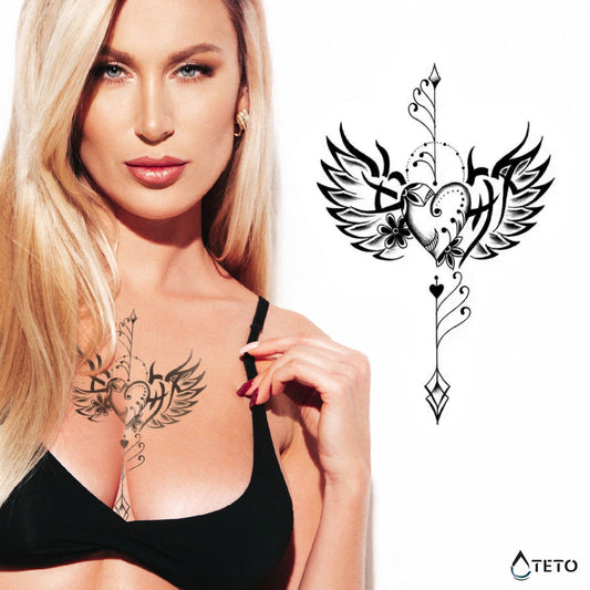Skrivnostno srce z angelskimi krili – Poltrajne - TETO Začasne Tetovaže